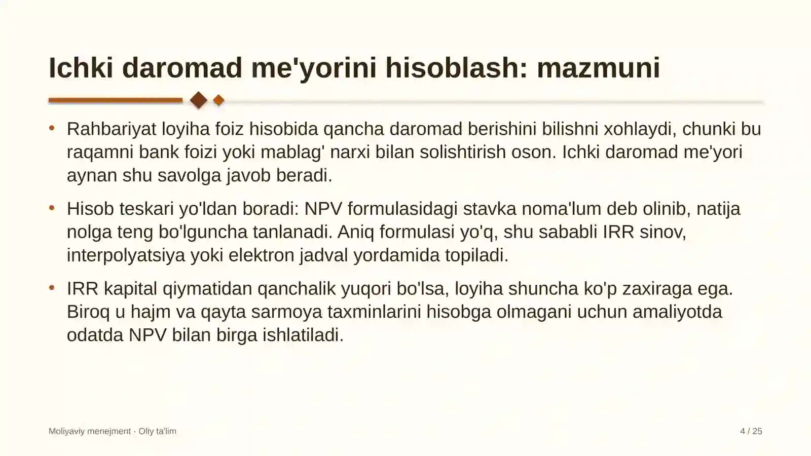metropolitenda ichki daromad me'yorini hisoblash 6074 4