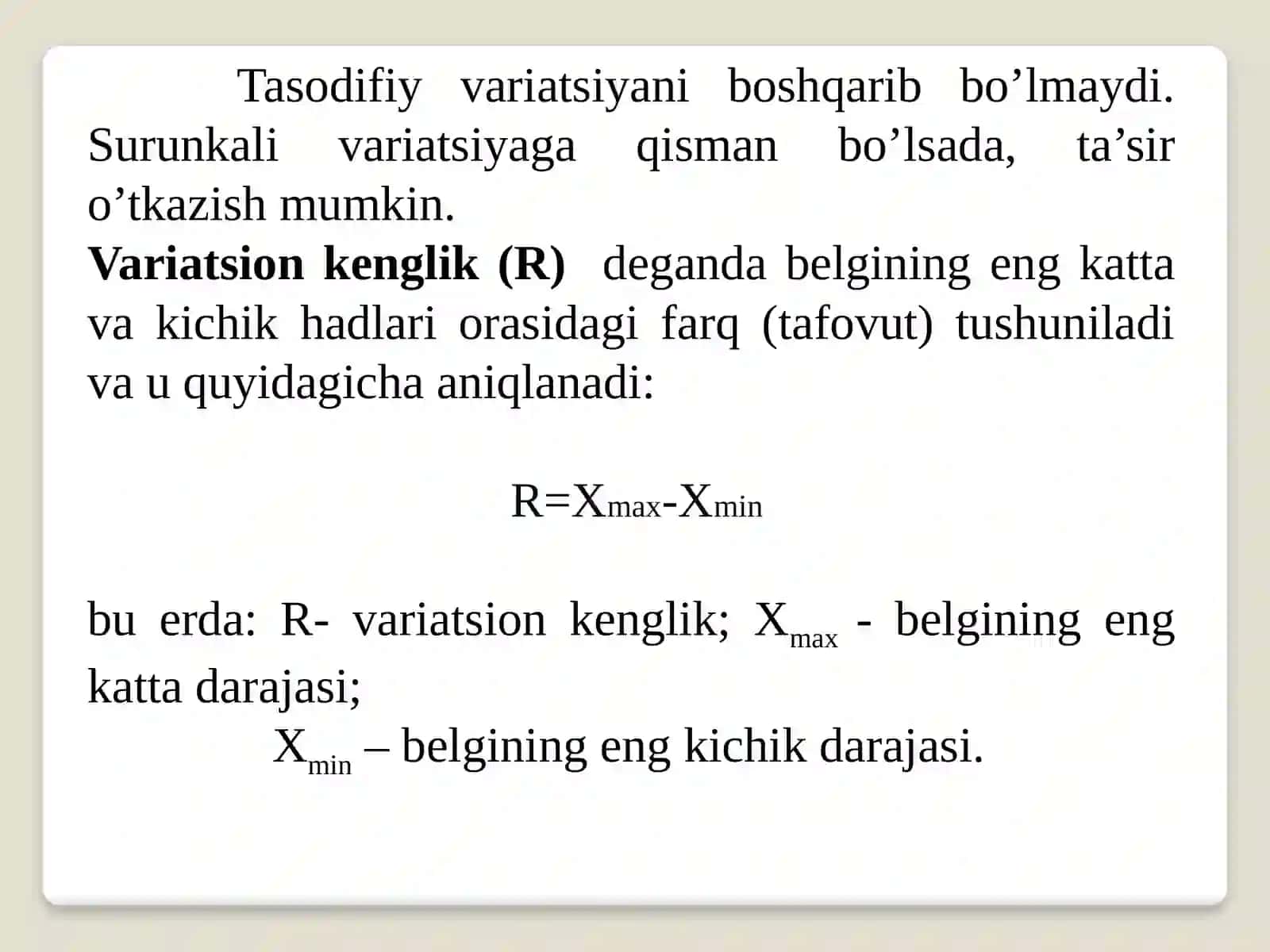 Statistikada variatsiyani baholash usullari va dispersion tahlil asoslari 4