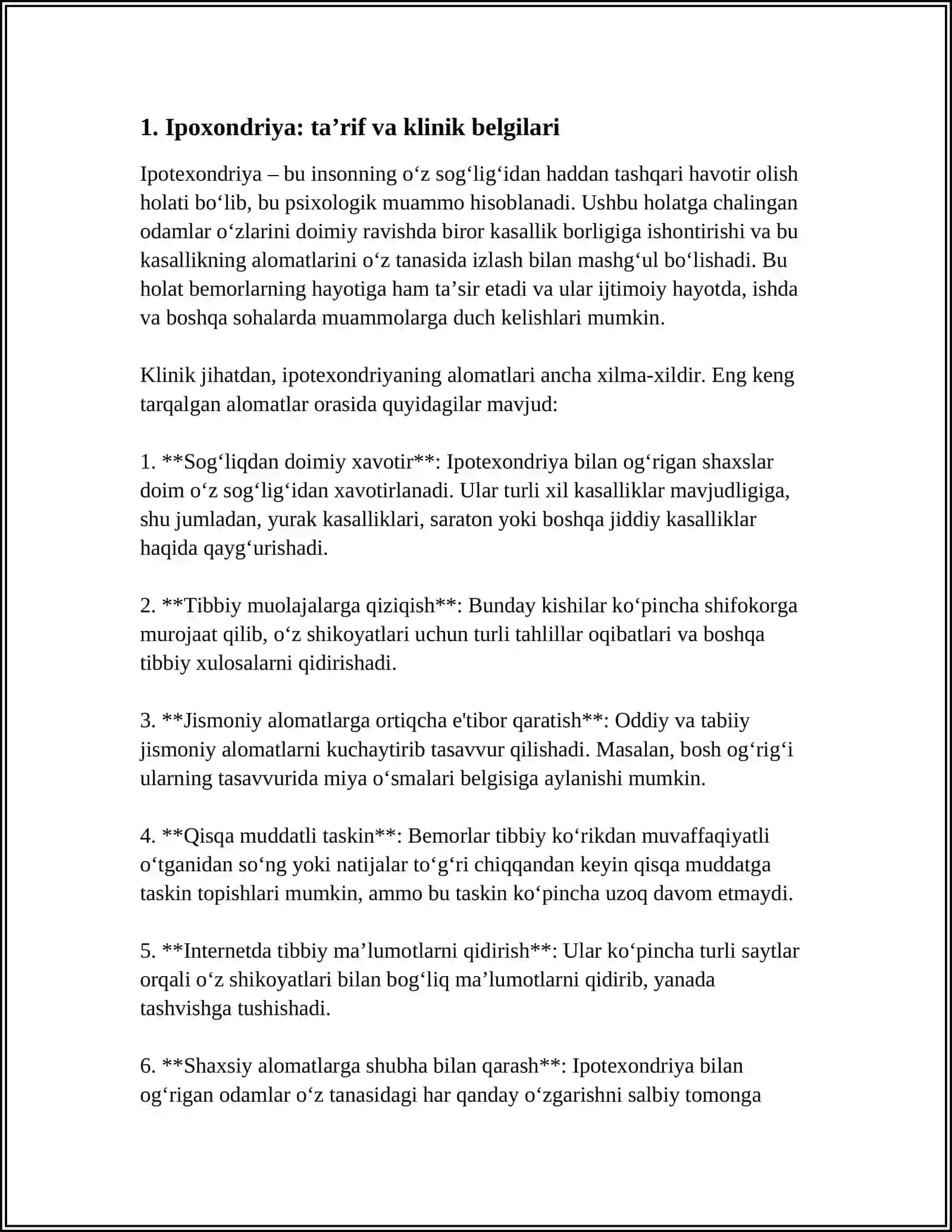 BEMORLARNING RUHIY HOLATI IPOXONDRIYA, SHOK QOʻRQUV, CHOʼCHISH 4
