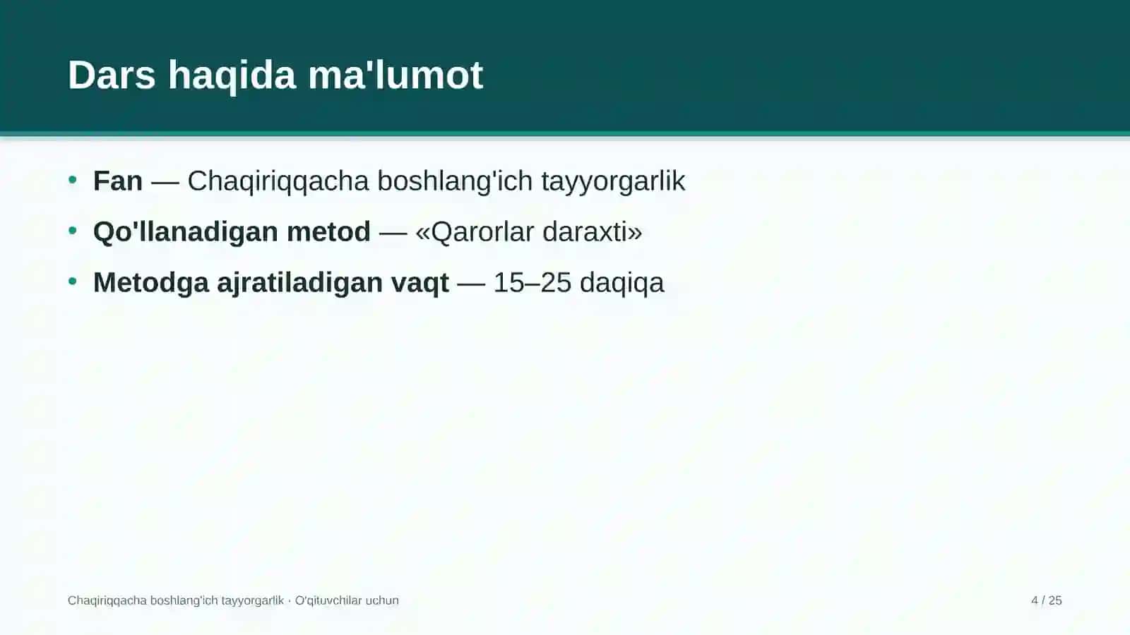 chaqiriqqacha boshlang'ich tayyorgarlik darslarida qarorlar daraxti metodidan foydalanish 8001 4
