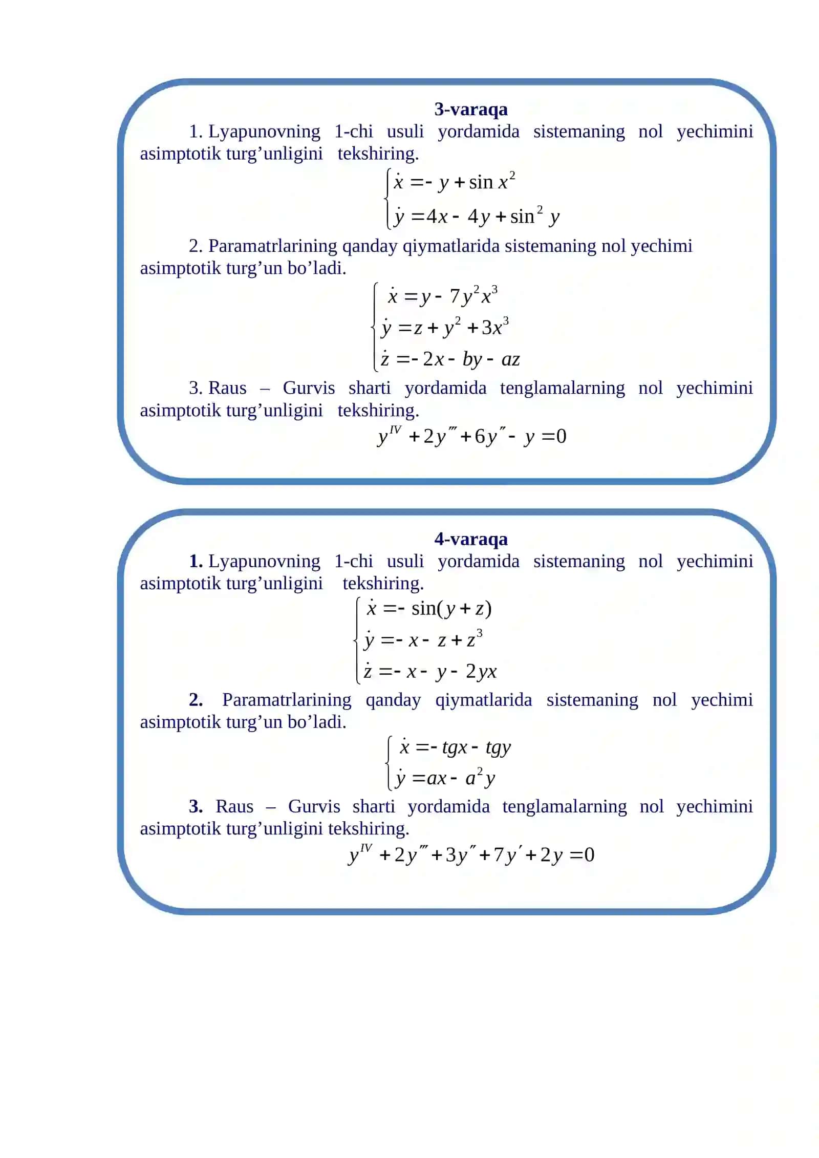 O’zgarmas koeffisiyentli bir jinsli differensial tenglamalar sistemasi yechimining turg’unligi 4