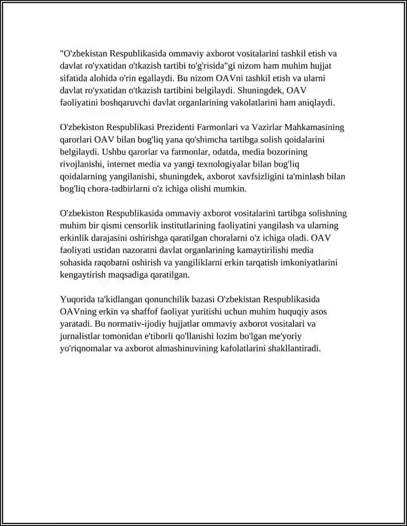 O'zbekiston Respublikasida OAV erkinligi va so'z erkinligi holati 4