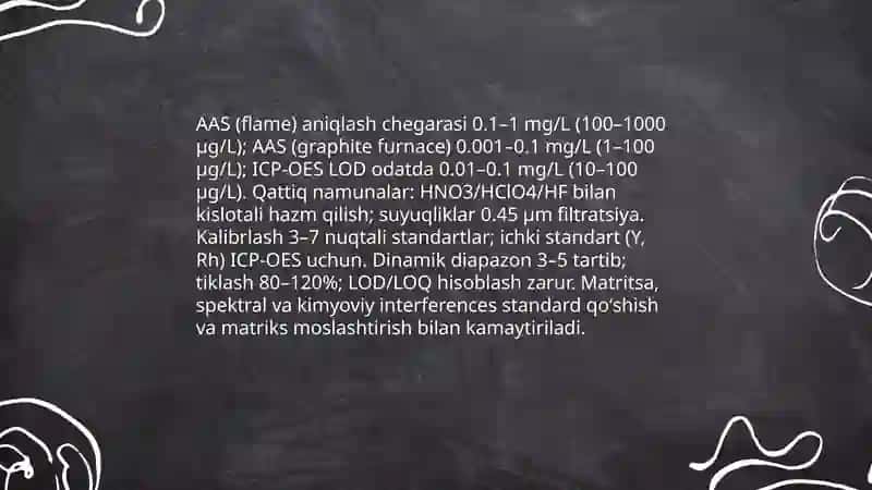 Tuproq va suv ifloslanishda ion bogʻlanishli birikmalar borligini aniqlab, ulardan tozalash loyihasini ishlab chiqish 4