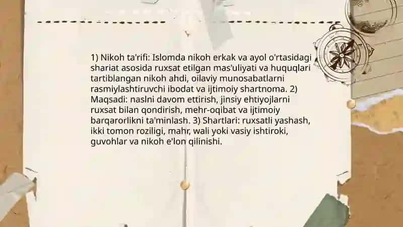 Islom huquqshunoslikda oila, nikoh taloq, idda, zihor,tushunchalarni ta'riflash va taqdimot tayyorlash 4