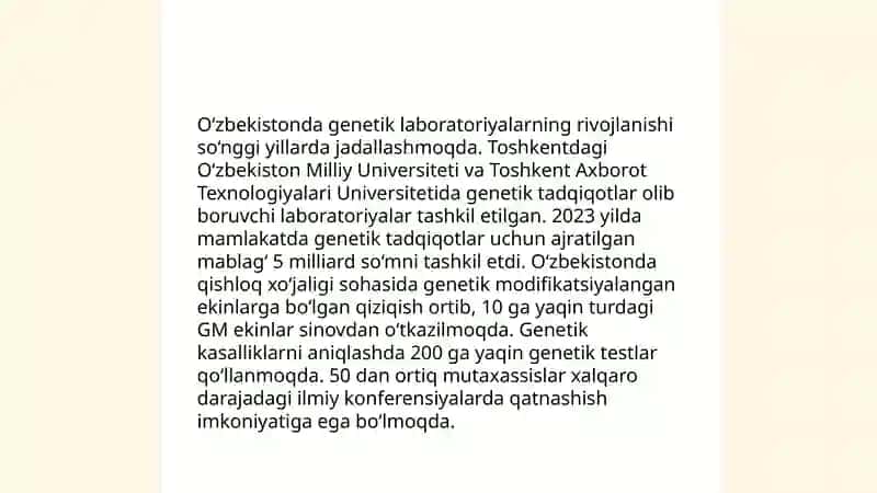 O‘zbekistonda genetik tadqiqotlarning yo‘lga qo‘yilishi va zamonaviy genetikaning rivojlanishi Allayorova Roza 4