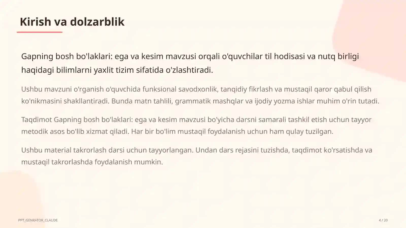 Gapning bosh bo'laklari: ega va kesim (8-sinf) 4