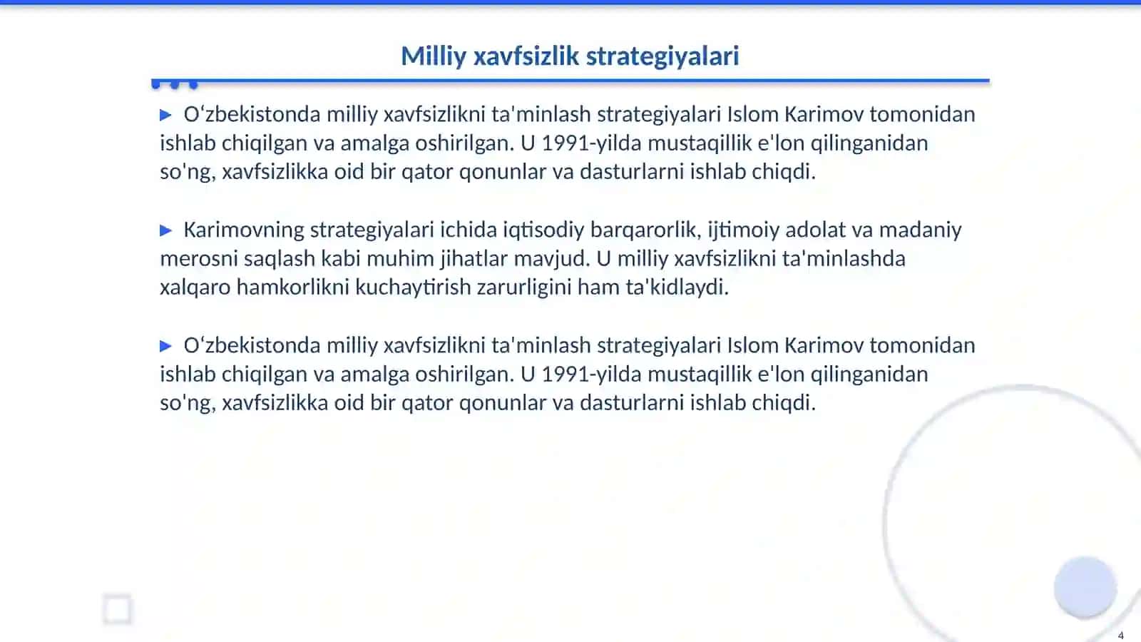 Islom Karimov asarlarida mustaqil Oʻzbekistonda milliy xavfsizlik masalalari haqida 4