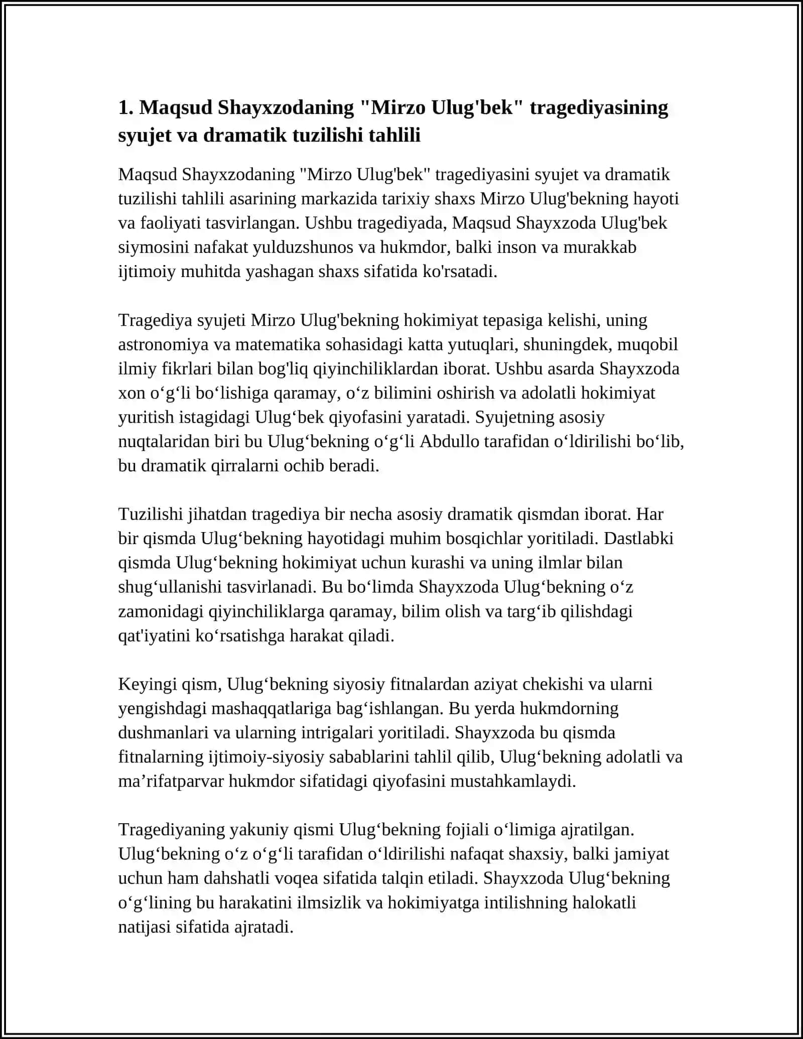MAQSUD SHAYXZODANING "MIRZO ULUG’BEK"TRAGEDIYASI, SARALANGAN SHE’RLARINI, O. YOQUBOVNING "ULUG’BEK XAZINASI "DIYONAT "QANOT JUFT BO’LADI" ROMANI "MUZQAYMOQ"HIKOYASINI TAHLIL QILISH 4