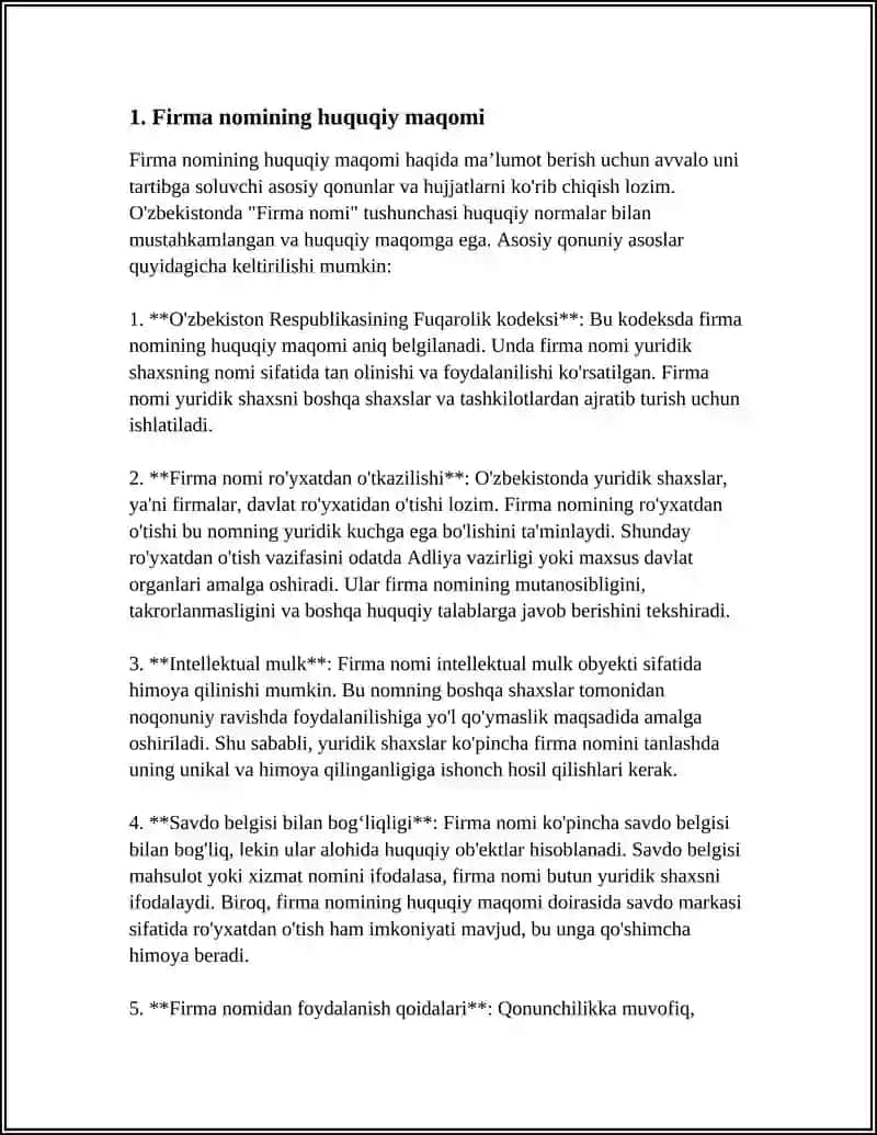 FUQAROLIK XUQUQI FANIDAN "FIRMA NOMI " MAVZUSIDA MUSTAQIL ISH 4