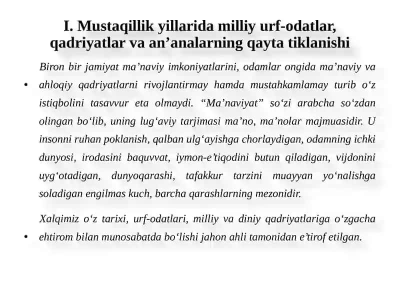 MUSTAQILLIK YILLARIDA O‘ZBEKISTONDAGI MAʼNAVIY VA MADANIY TARAQQIYOT. 4