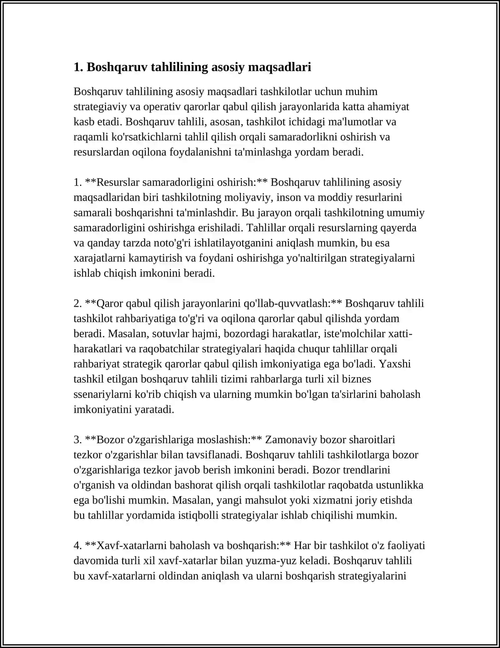 BOSHQARUV TAHLILINING MAZMUNI, UNING IQTISODIY TAHLIL VA BOSHQARUV HISOBI TIZIMIDAGI О'RПI 4