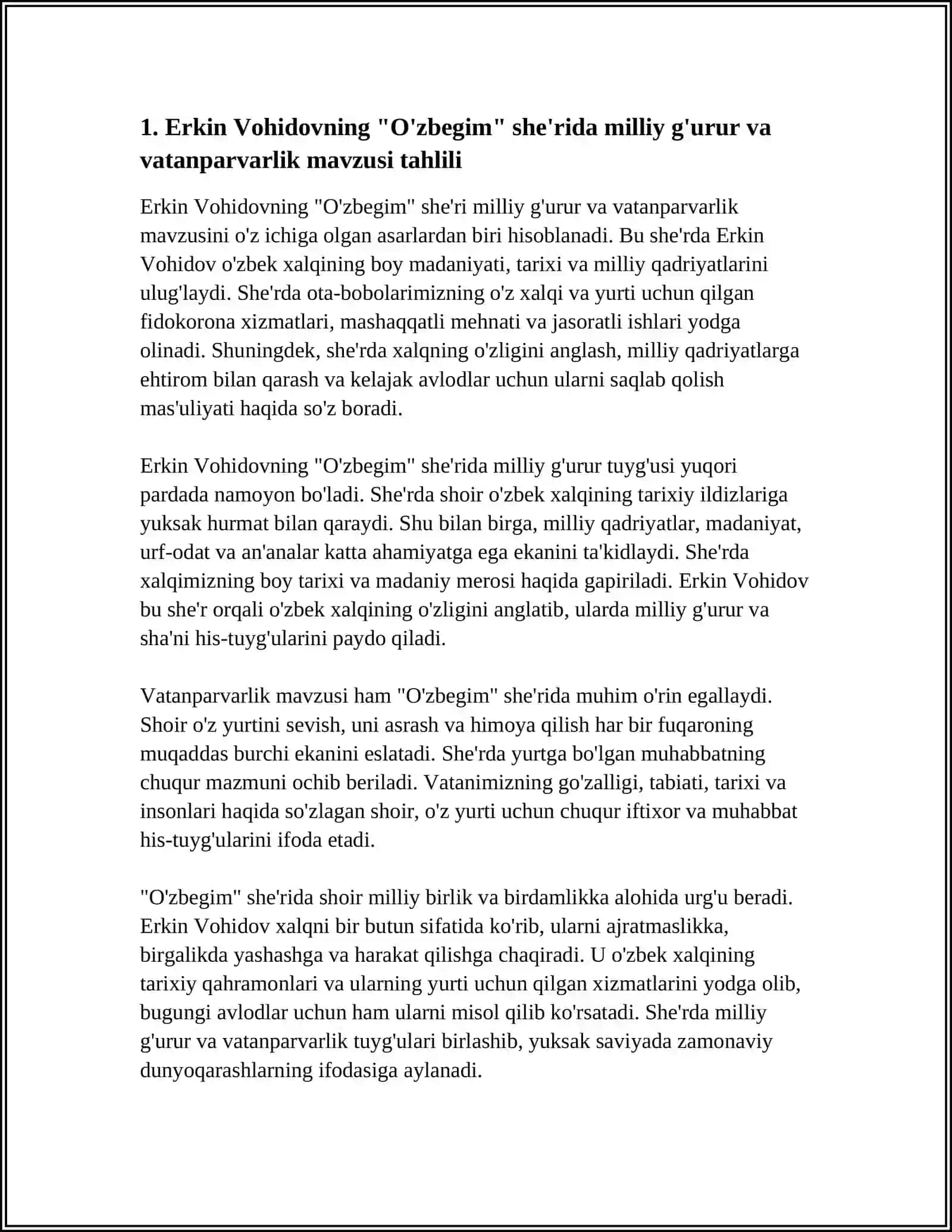 ERKIN VOHIDOVNING "O’ZBEGIM "INSON"QABILASI, "RUHLAR ISYONI"DOSTONI A. ORIPOVNING "O’ZBEKISTON "YUZMA-YUZ "TILLA BALIQCHA"SHE’RLARINI TAHLIL QILISH 4