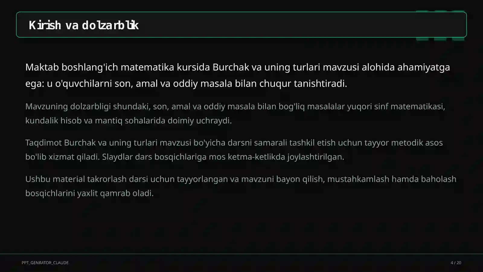 Burchak va uning turlari (4-sinf) 4