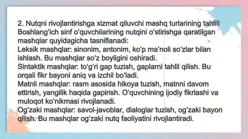 Boshlangʻich sinf oʻquvchilarining nutqini oʻstirishga oid mashq turlarini ishlab chiqish 4