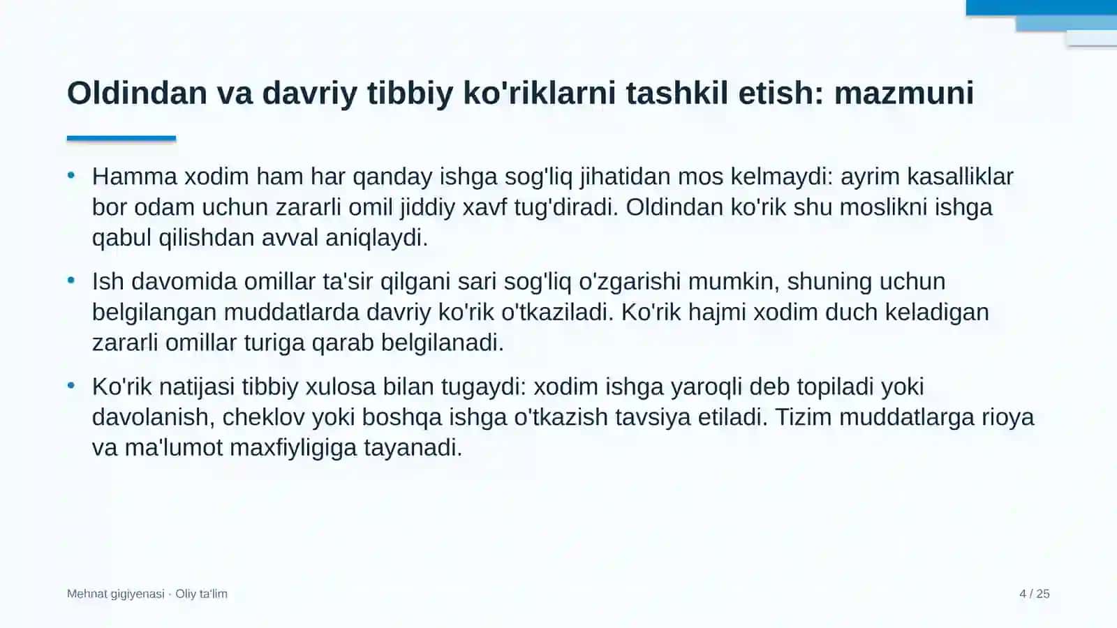 Korxonalarning yuridik xizmatlarida oldindan va davriy tibbiy ko'riklarni tashkil etish 4