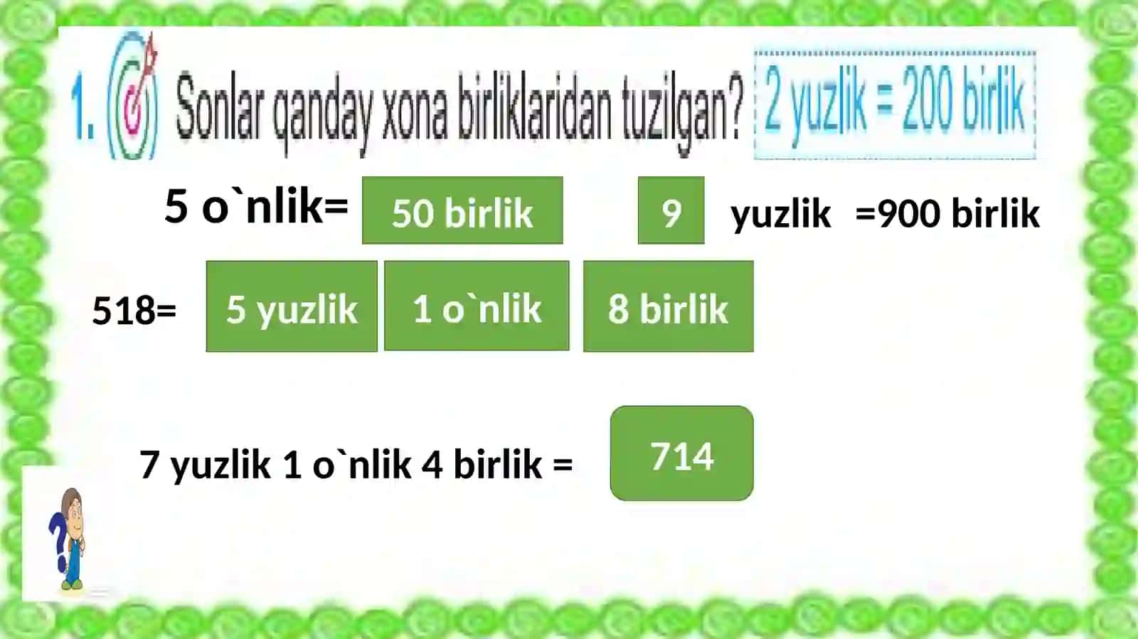 3-sinf Fan:Matematika Uch xonali sonning xona birliklari yig`indisi 4