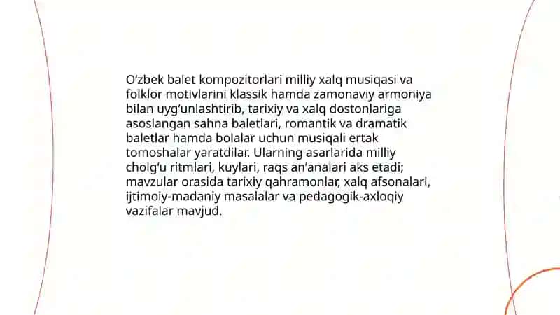 Sahnaviy musiqa asarlari. Balet va raqs sanʼati musiqa drama va kamediya, bolalar uchun musiqali ertak tomoshalar 4
