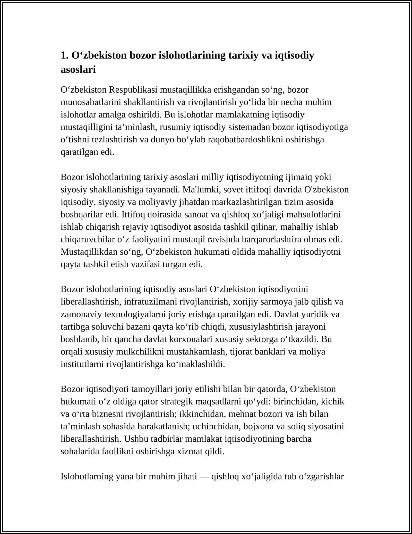 O‘ZBEKISTON RESPUBLIKASIDA BOZOR MUNOSABATLARINING SHAKLLANISHI, UNING YO‘NALISHLARI, BOSQICHLARI VA XUSUSIYATLARI 4