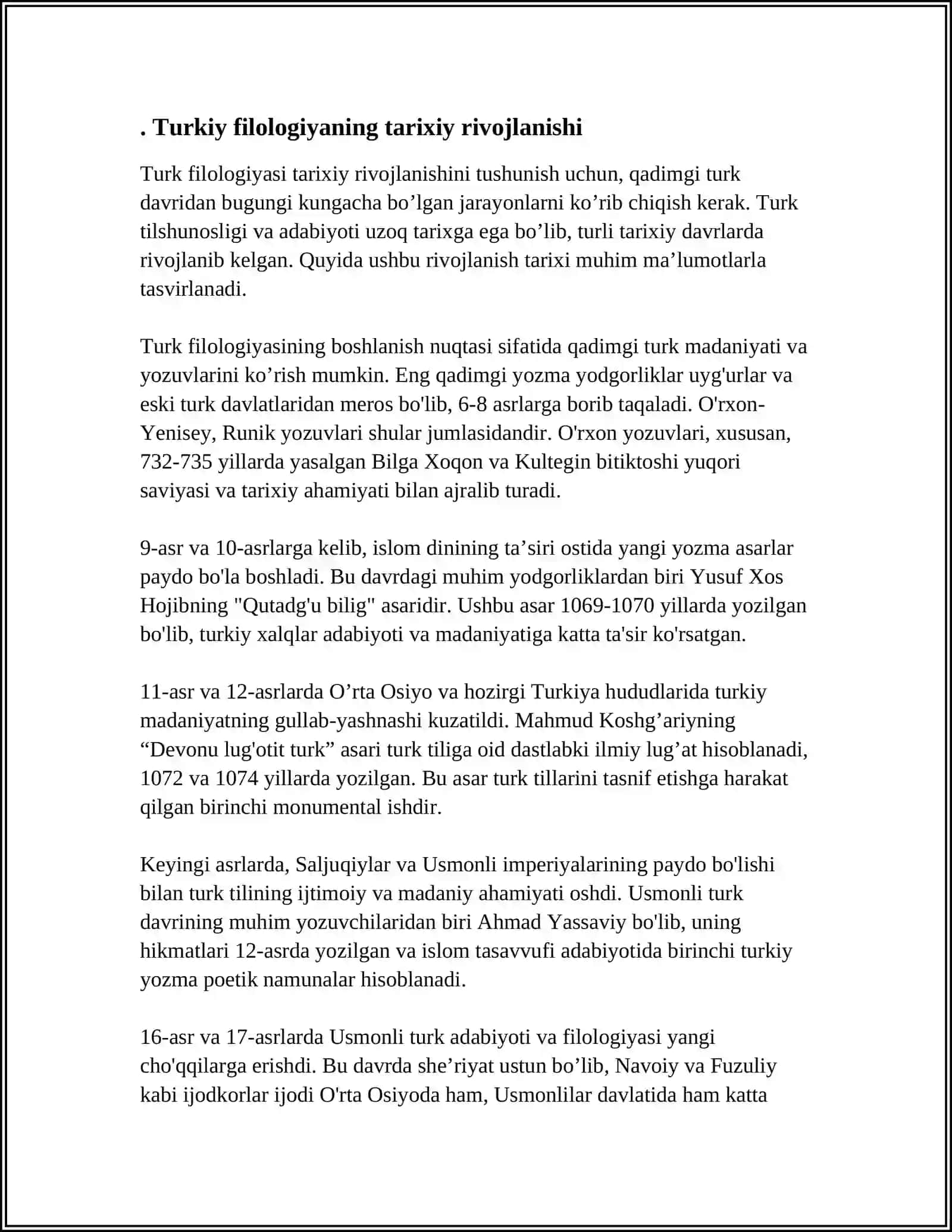 Mavzu: "O'ZBEK TILI VA ADABIYOTI" JURNALIDAGI TURKIY FILOLOGIYAGA OID MAQOLA BO'YICHA MA'RUZA TAYYORLASH ( 2000-YILDAGI SONLAR ASOSIDA) 4