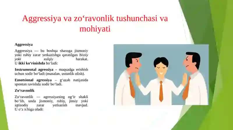 KONFLIKT SIGNALLARI AGGRESSIYA VA ZORAVONLIK HAQIDA TUSHUNCHA UNING MOHIYATI .KONFLIKTLI VAZIYATDA G’AZAB VA QAXR.O’QITUVCHI VA O’QUVCHI O’RTASIDAGI NIZOLARNING O’ZIGA XOS XUSUSIYATLARI.KONFLIKTLI VAZIYATLARNI XAL ETISHDA OILANING ROLI 4