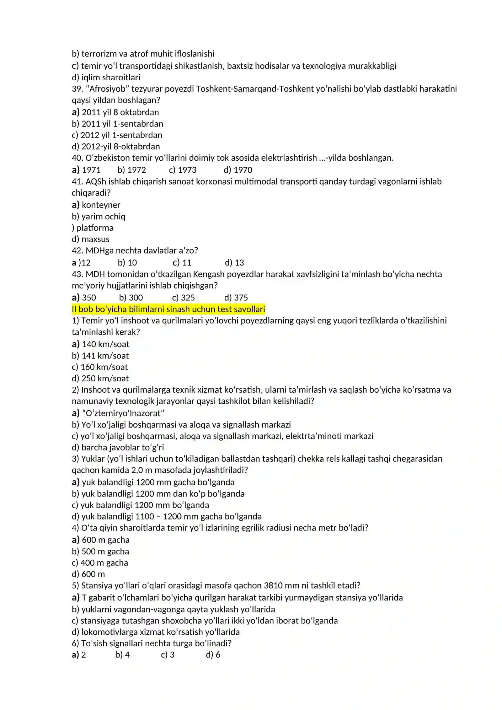Bob bo‘yicha bilimlarni sinash uchun test savollari 4