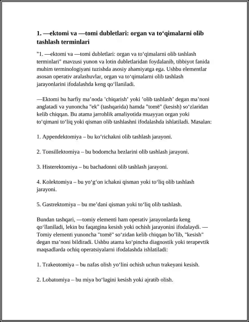YUNON LOTIN DUBLETLARI ORGANLARIDAGI VA TOʻQIMALARDAGI PATOLOGIK O'ZGARISHLARNI TERAPEVTIK VA XIRUR USULLARNI IFODALOVCHI YUNON ATAMA ELEMENTLAR 4