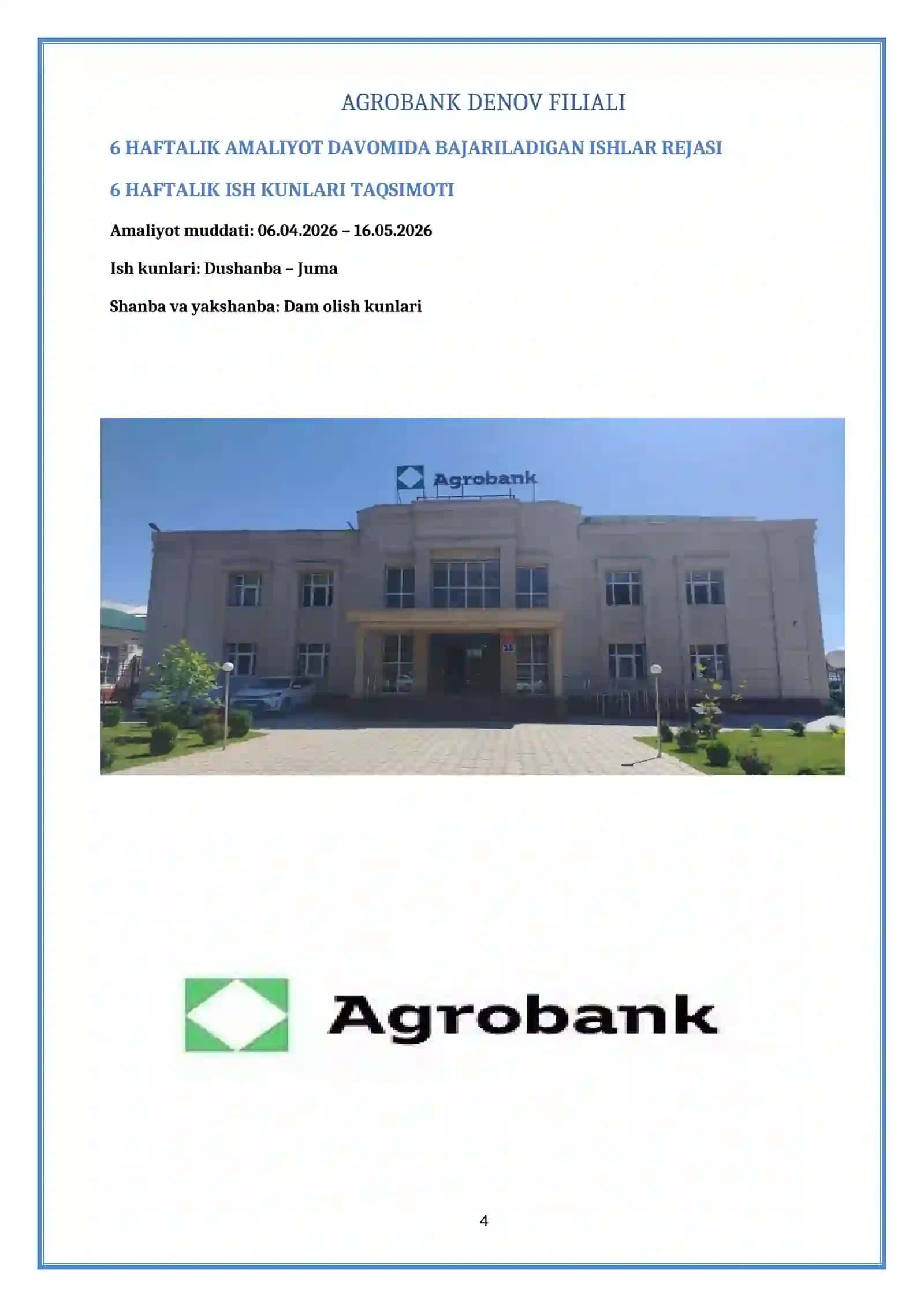 Abgrobok hamda ATB "Agrobank" DENOV FILIALI haqida AMALYOT HISOBOT 4