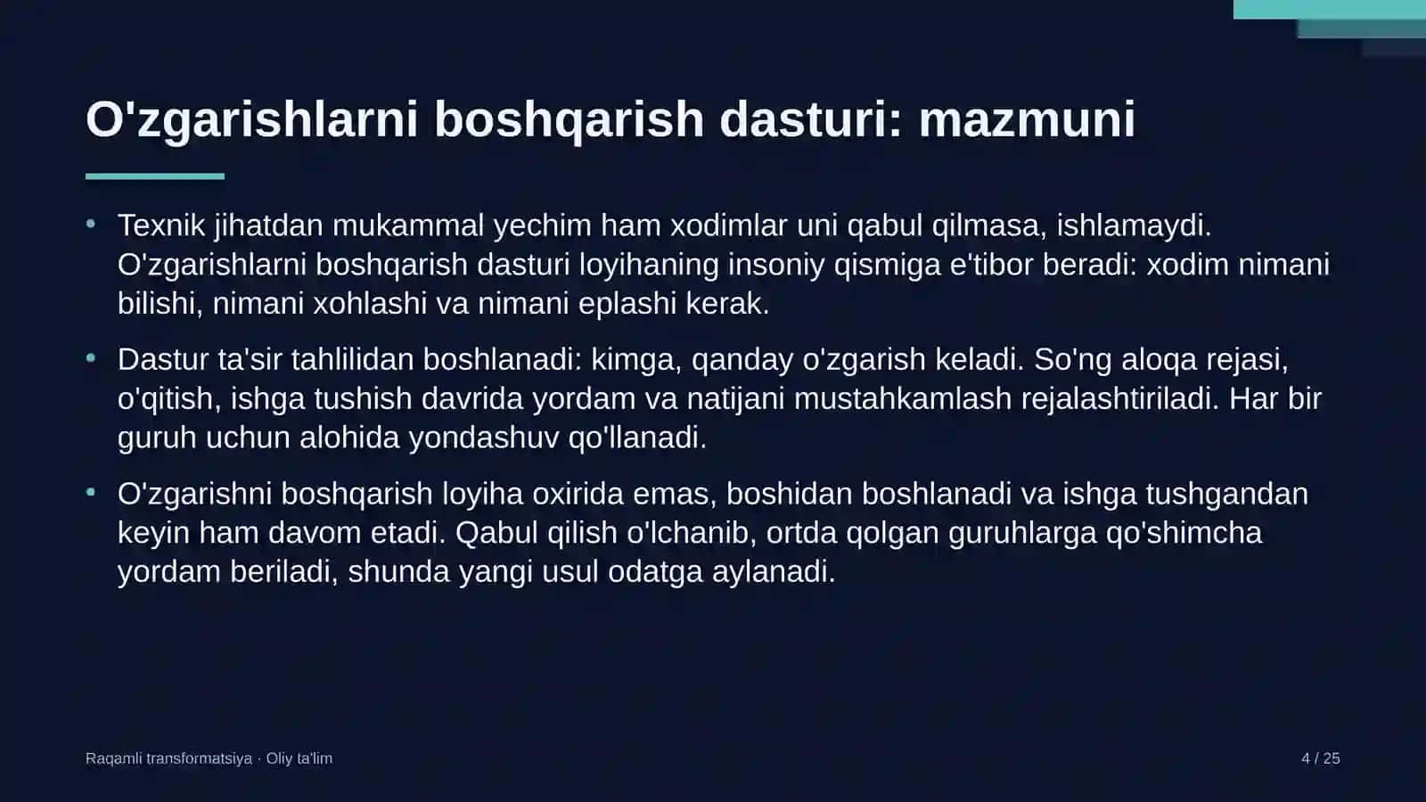 mobil aloqa operatorlarida o'zgarishlarni boshqarish dasturini joriy etish 6308 4