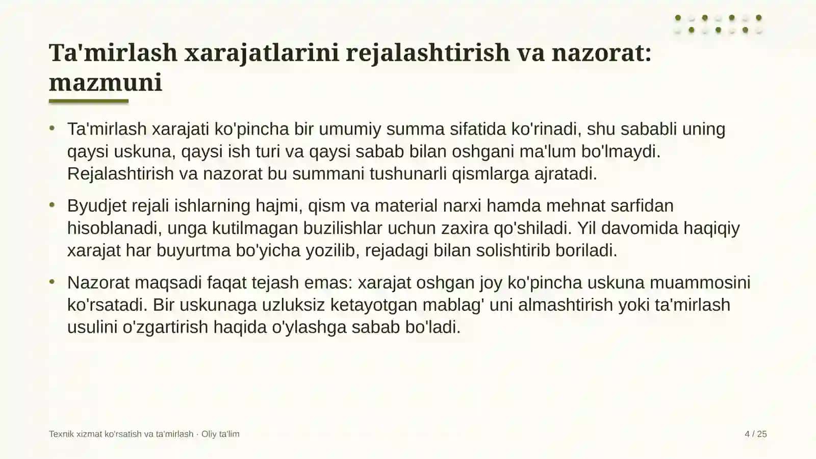 maishiy texnika ta'mirlash ustaxonalarida ta'mirlash xarajatlarini rejalashtirish va nazorat qilish 1099 4