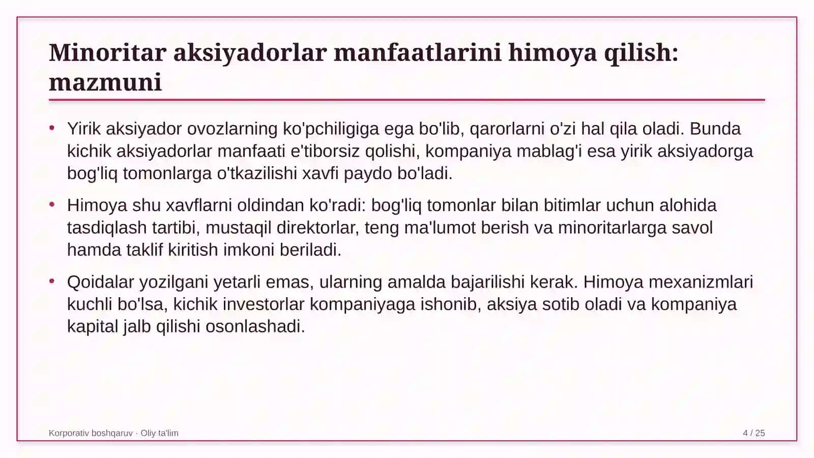 ehtiyot qismlar do'konlarida minoritar aksiyadorlar manfaatlarini himoya qilish 2394 4