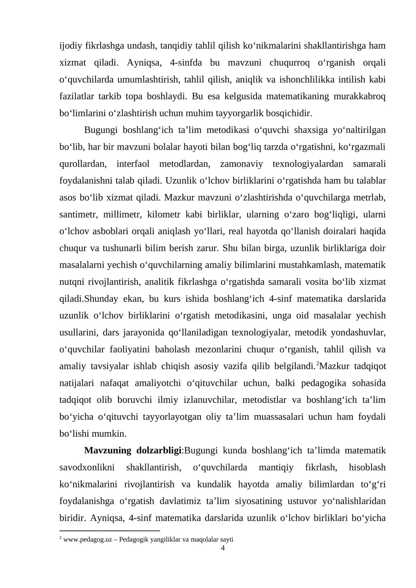 BOSHLANG'ICH 4-SINF MATEMATIKA DARSLARIDA UZUNLIK O'LCHOV BIRLIKLARI VA UZUNLIK O'LCHOV BIRLIKLARIGA DOIR MASALALAR YECHISHGA O'RGATISH METODIKASI 4