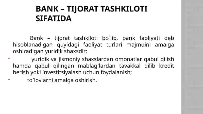 Markaziy bank faoliyatining huquqiy asoslari, kredit tashkilotlari faoliyatini davlat tomonidan tartibga solish 4