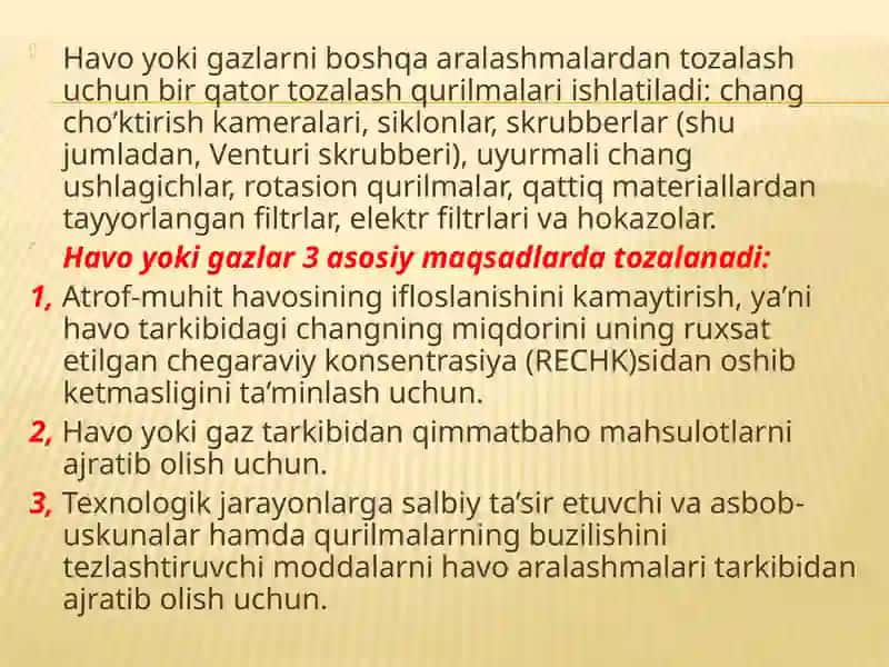 Sanoat korxonalari havosini tozalashning maqsadlari, usullari, vositalari va texnik-iqtisodiy ko’satkichlari 4