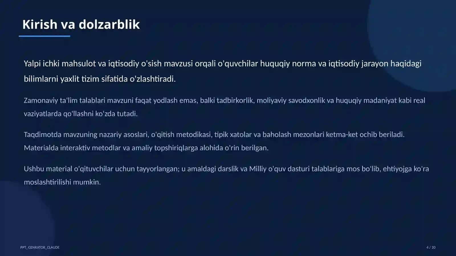 Huquq va iqtisodiyot asoslari (9–11) — o'qituvchilar uchun 4
