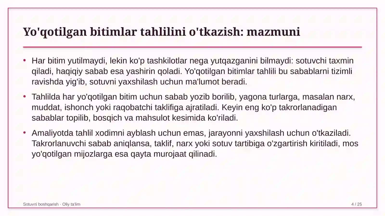 zargarlik sanoatida yo'qotilgan bitimlar tahlilini o'tkazish 7108 4