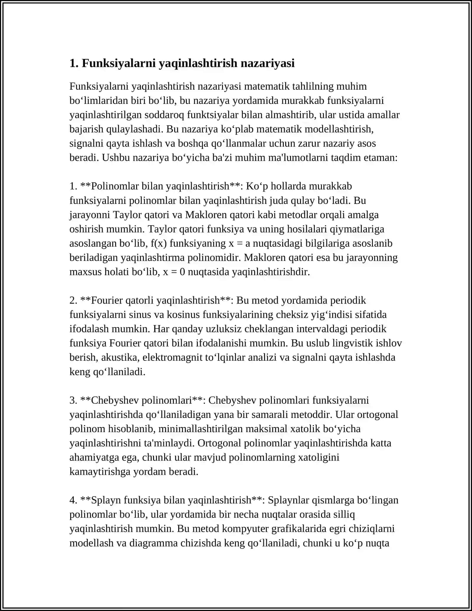 FUNKSIYALARNI YAQINLASHTIRISH USULLARI.INTERPOLYASTIYALASH MASALASI. LAGRANJ INTERPOLYASTION FORMULALARI VA XATOLIGI 4