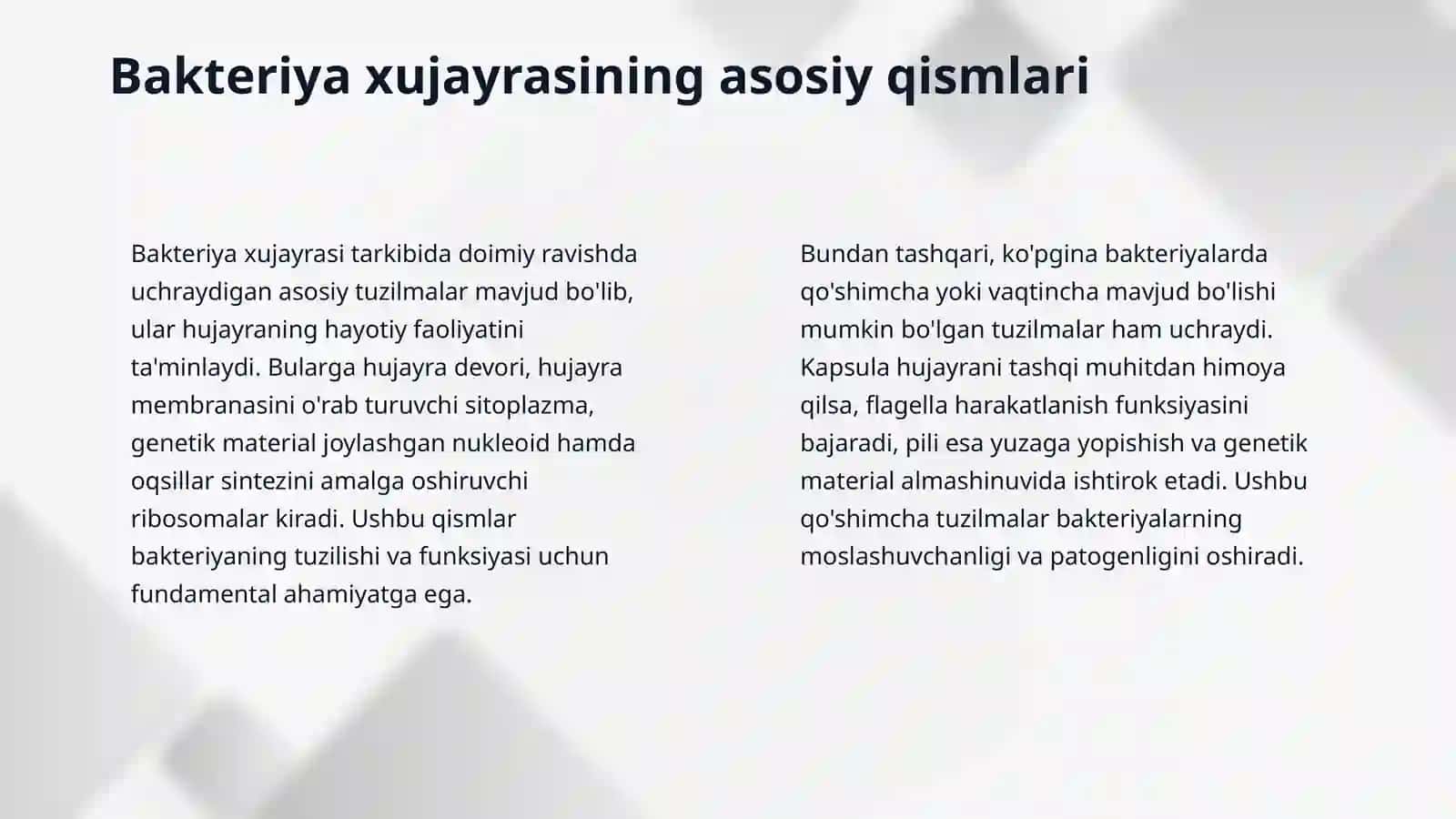 BAKTERIYA XUJAYRASINING TUZILISHI. DOIMIY BO'LGAN BAKTERIAL TUZILMALAR. GRAMmusbat va GRAMmanfiy bakteriyalar tuzilishi va ularning farqlari 4