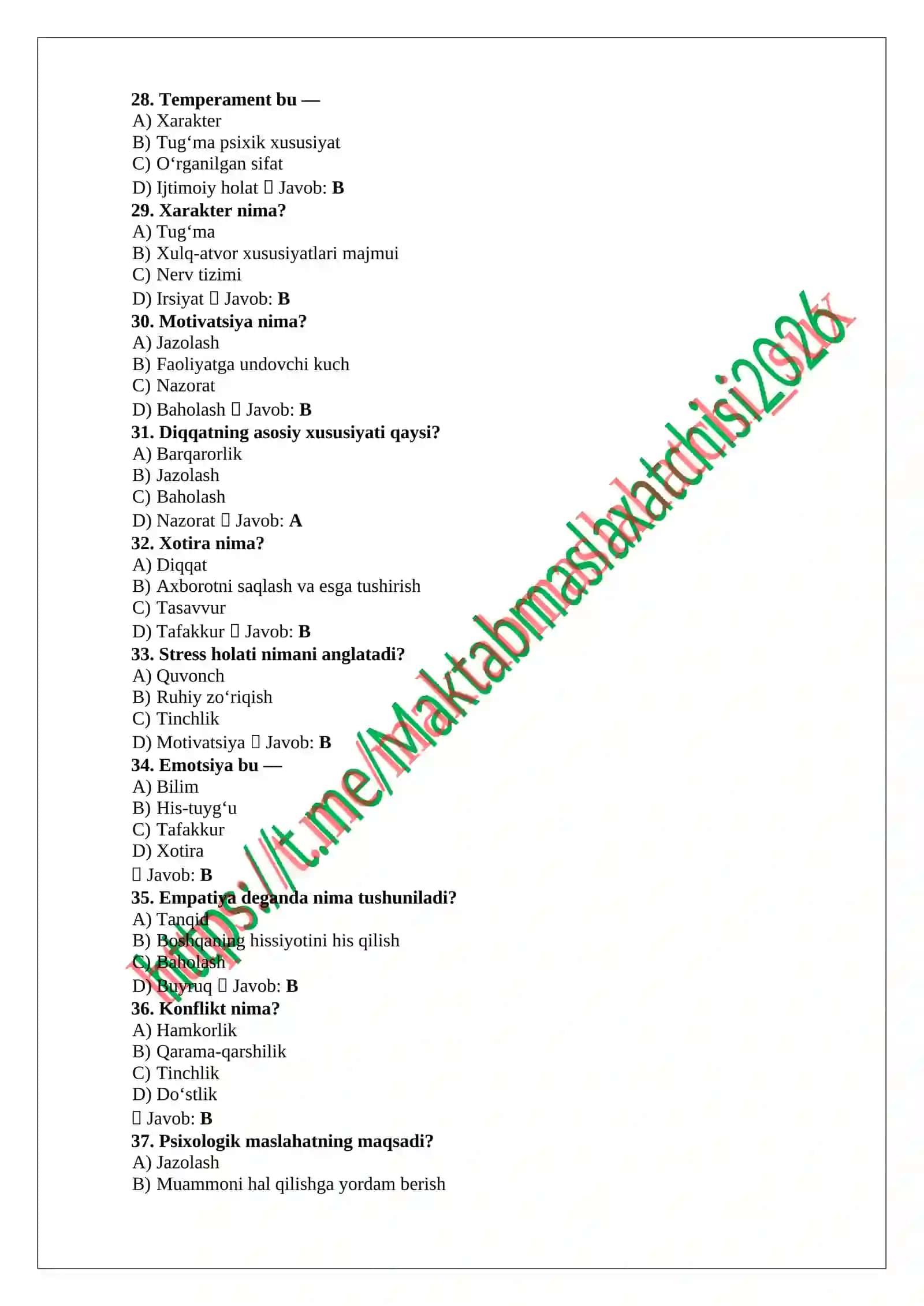 maktab maslahatchilari uchun test javoblari bilan 4