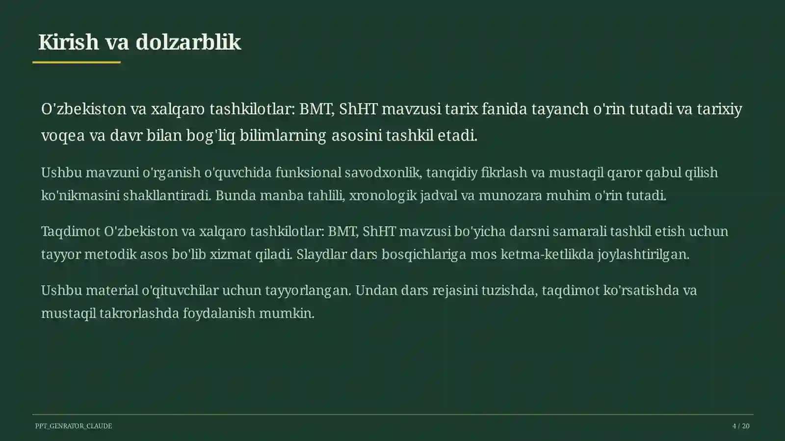 O'zbekiston va xalqaro tashkilotlar: BMT, ShHT (11-sinf) 4