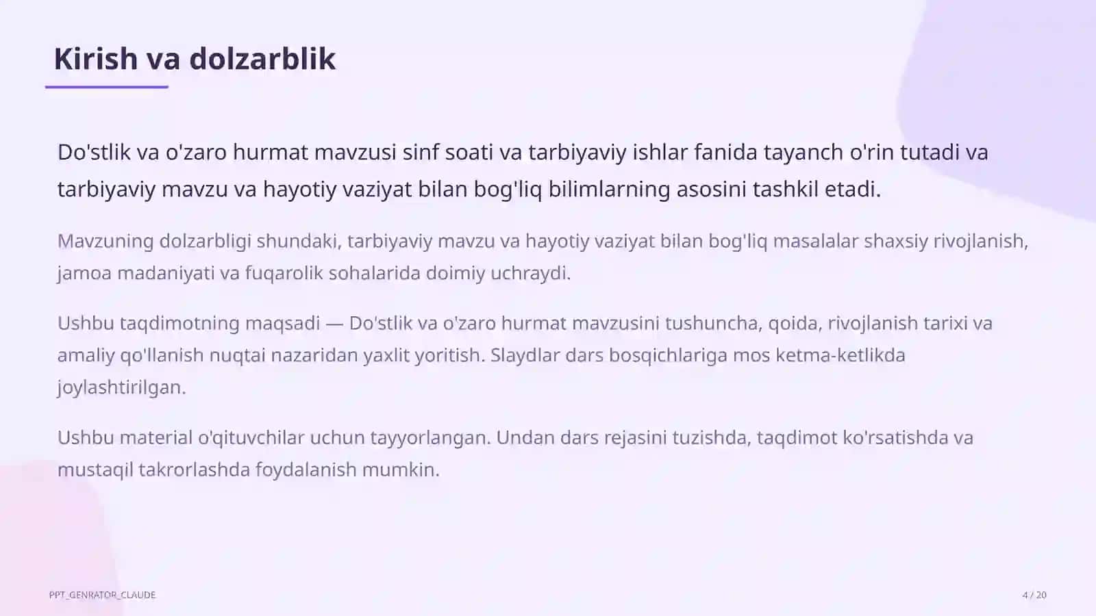 Sinf soati va tarbiyaviy tadbirlar (1–11) 4
