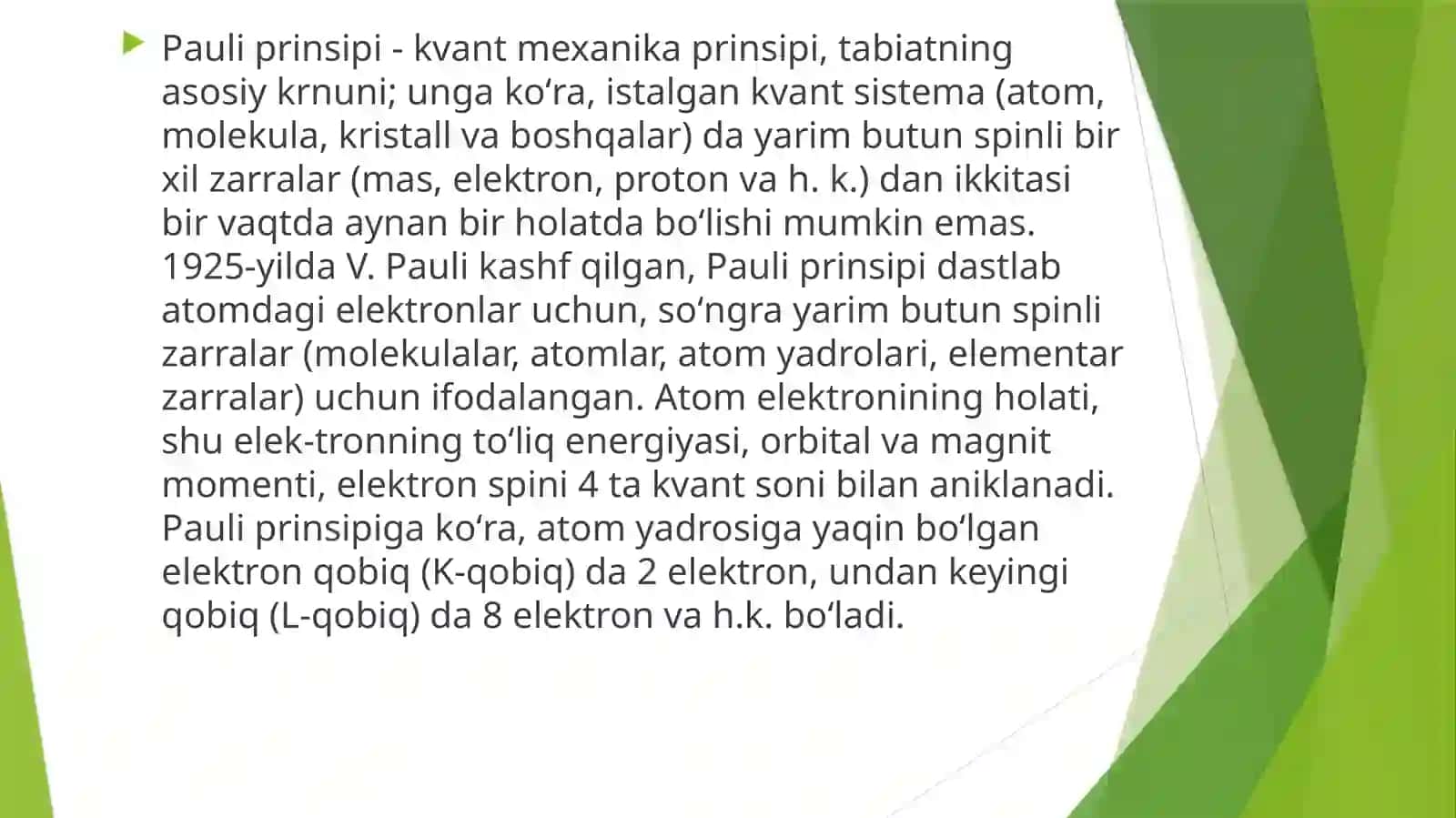 KVANT SONLAR PAULI PRINSIPI MENDELEVNING DAVRIY SISTEMASI 4