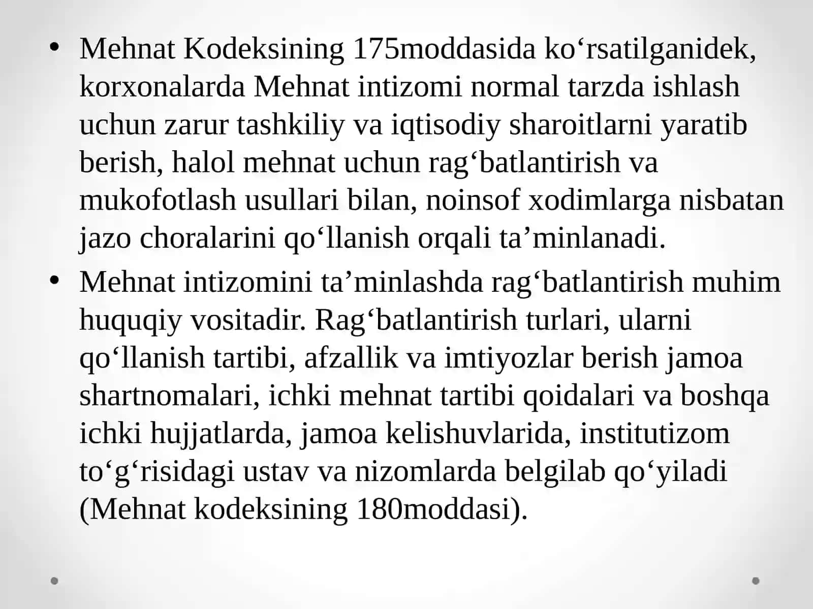 Mehnat intizomi tushunchasi va uni ta'minlash usullari. Mehnat nizolari 4