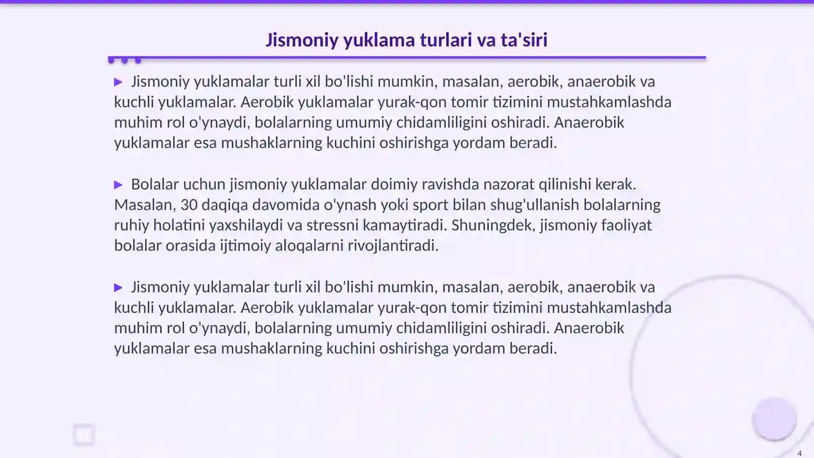 Jismoniy yuklamaniboshqarish, bolalar organizminirivojlantirish xususiyatlari 4