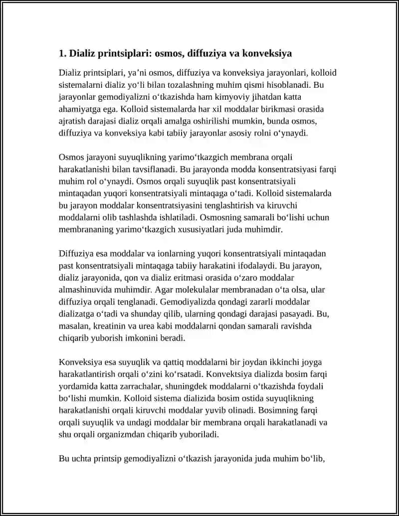 KOLLOID SISTEMALARNI DIALIZ YO‘LI BILAN TOZALASH. GEMODIYALIZNI O'TKAZISHNING KIMYOVIY AXAMYATI 4