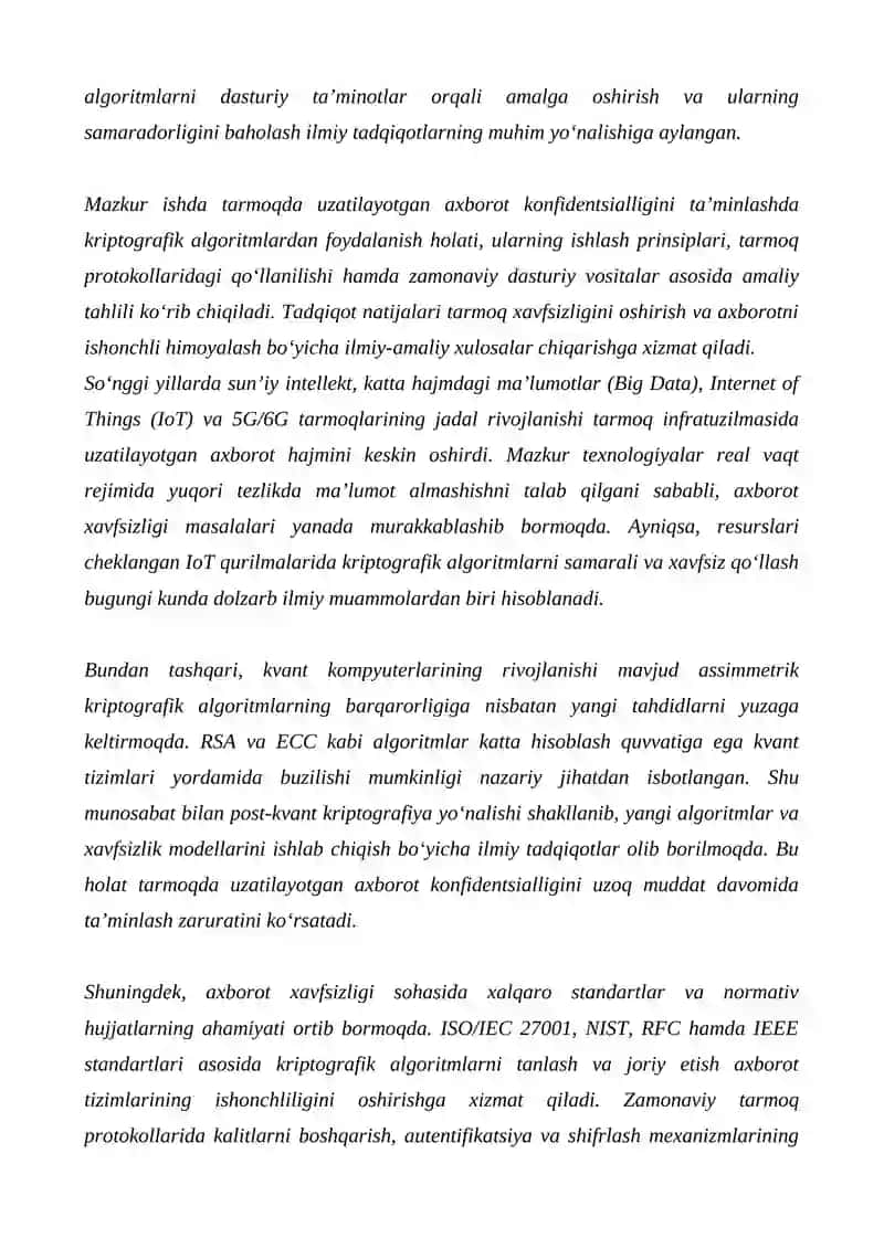 Tarmoqda uzatilayotgan axborot konfidensialligini ta’minlashda kriptografik algoritmlardan foydalanish holati 4
