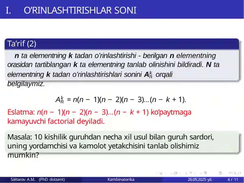 Kombinatorikaning asosiy elementlari 4