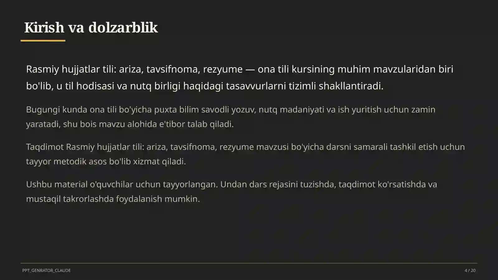 Rasmiy hujjatlar tili: ariza, tavsifnoma, rezyume (11-sinf) 4