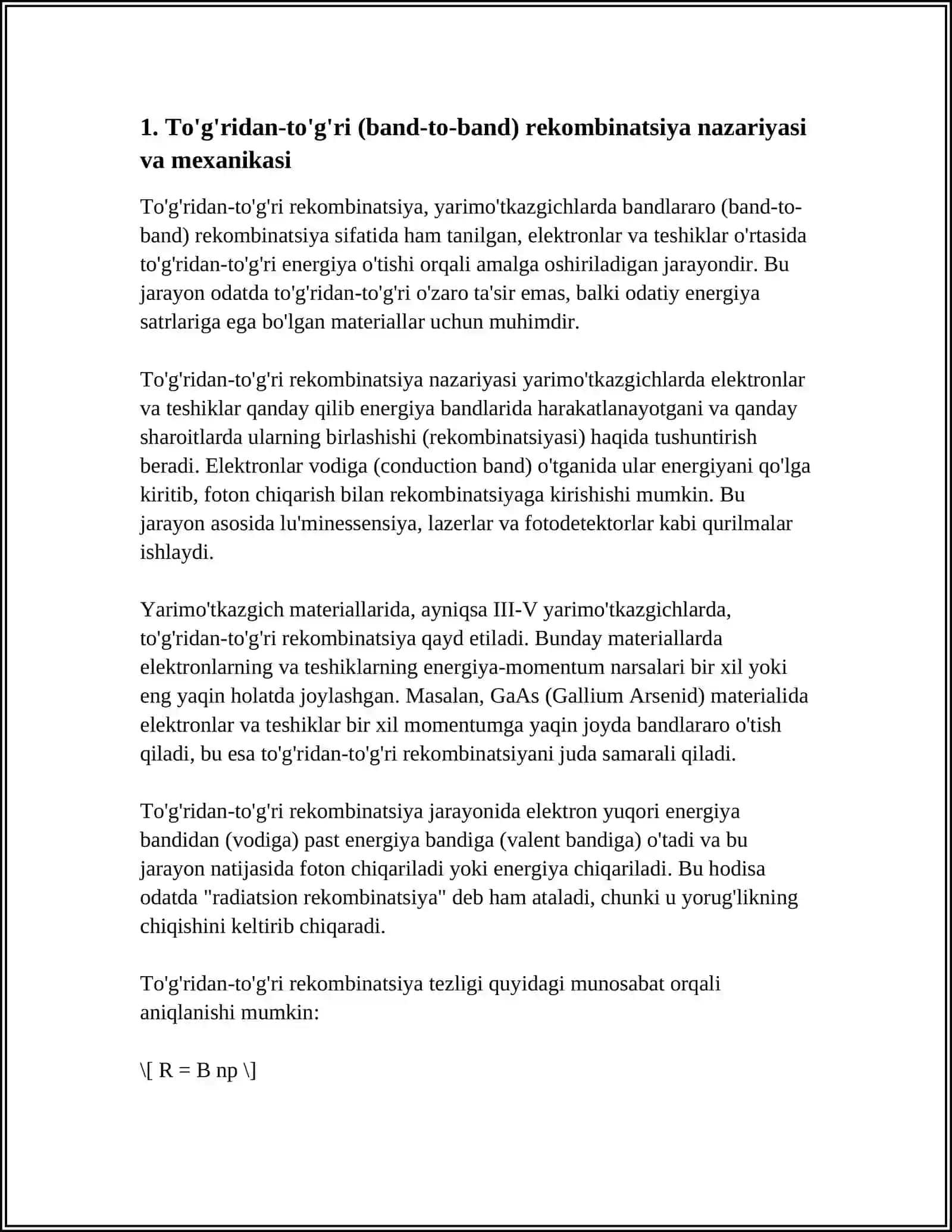 YARIMO'TKAZGICHLARDA REKOMBINATSIYA JARAYONLARI: TO'G'RIDAN-TO'G'RI VA SHOKLI-RID-XOLL MEXANIZMLARI 4