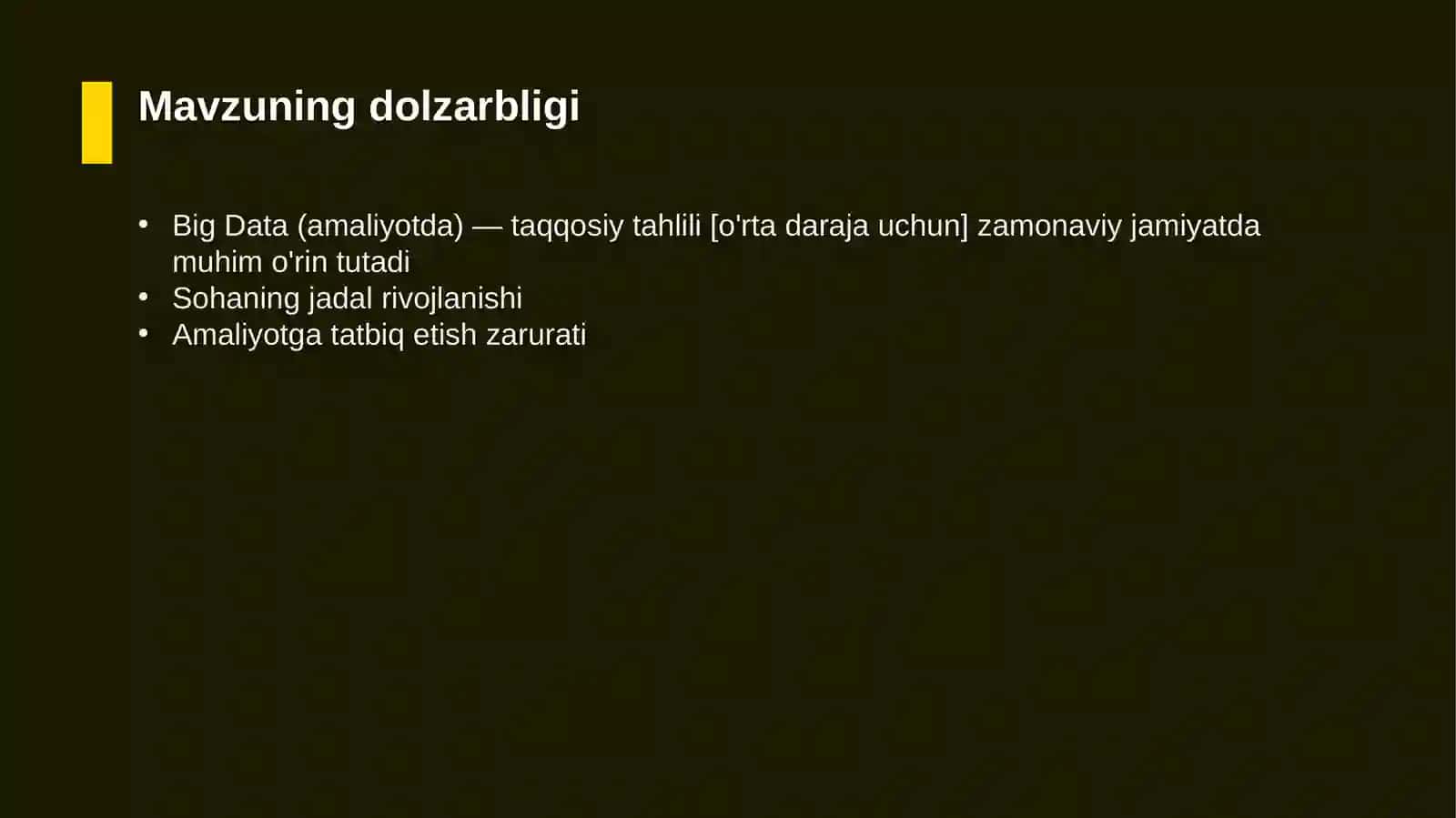 Big Data (amaliyotda) — taqqosiy tahlili [o'rta daraja uchun] 4