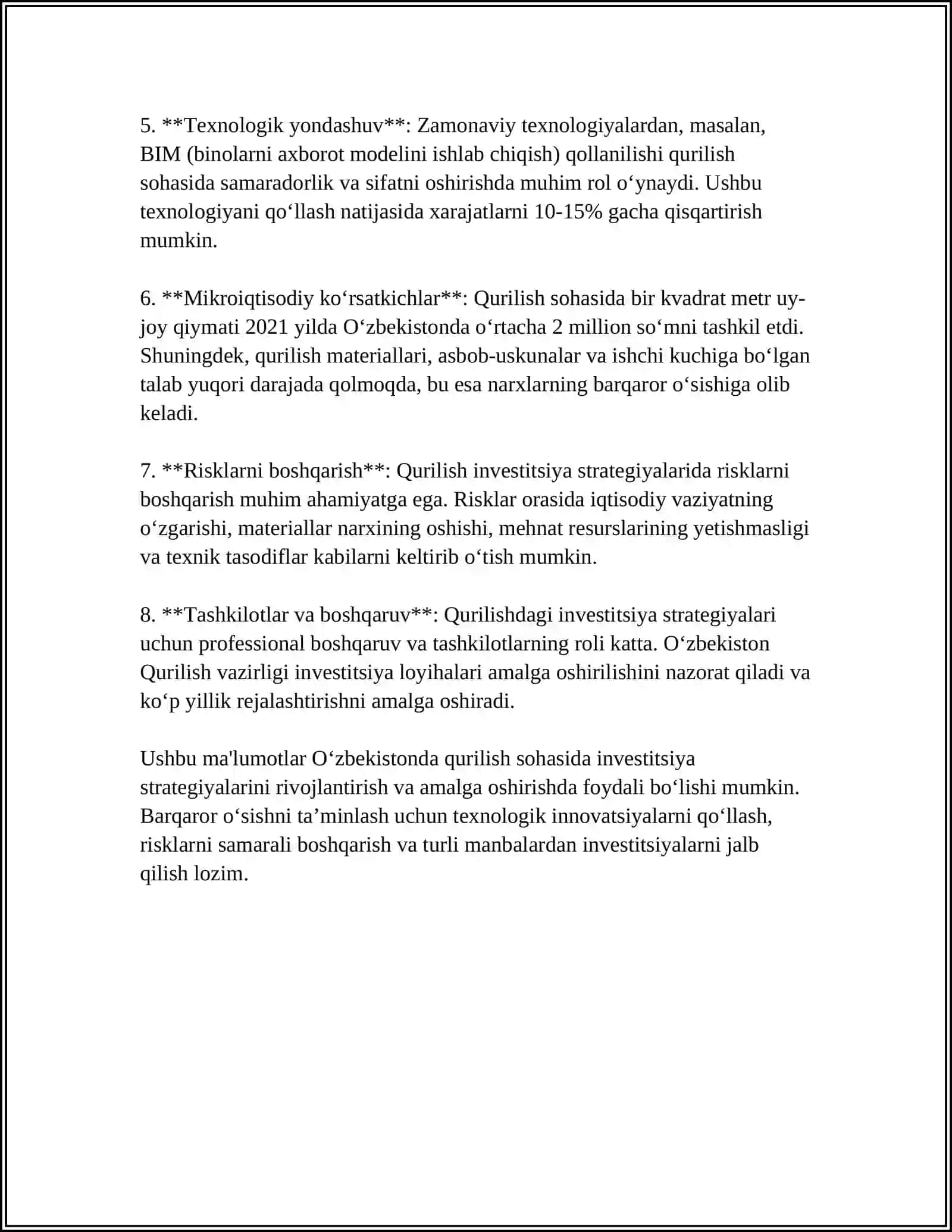 MUSTAQIL ISH Mavzu: QURILISHDA INVESTITSION JARAYONLAR 4